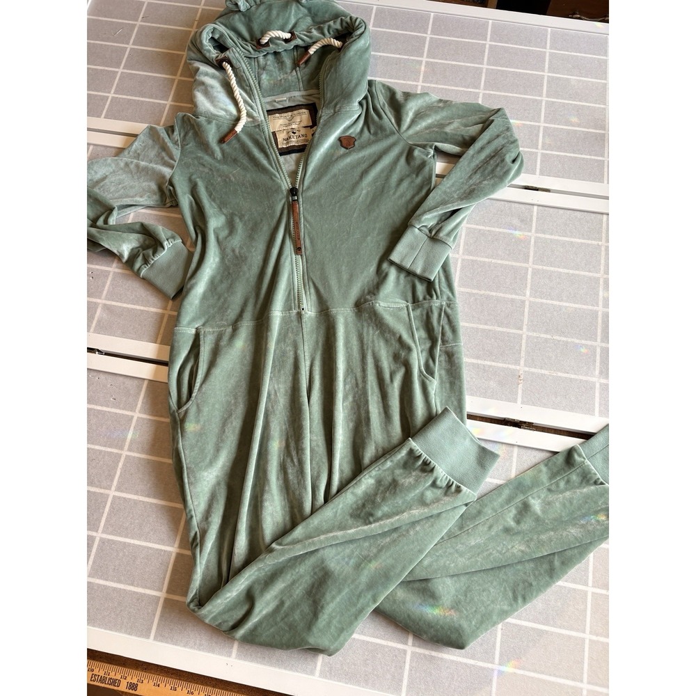 NAKETANO‎ Velour Jumpsuit Long Sleeve Romper L Sage Mint Green Zip Hooded Rare